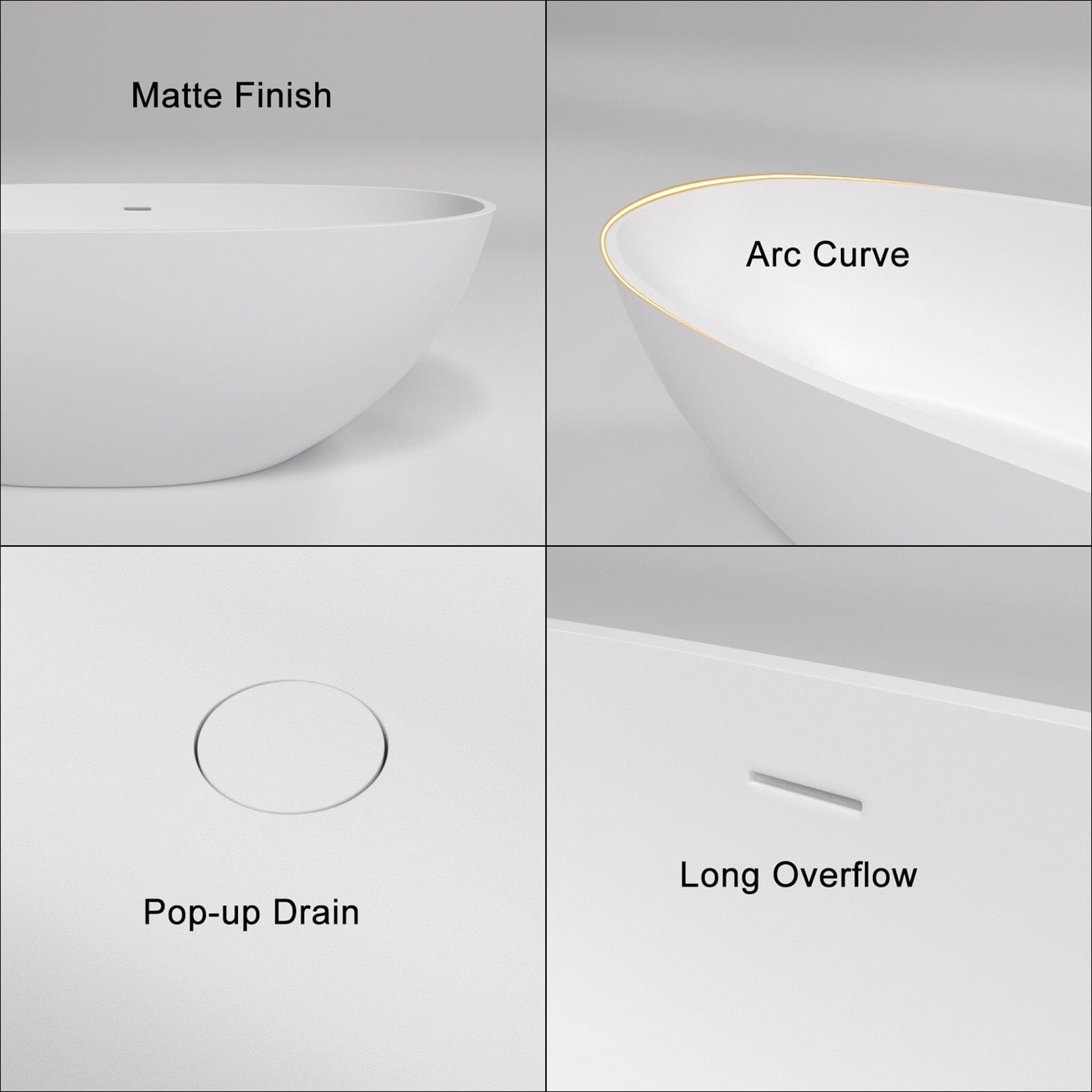 55" Solid Surface Stone Resin Oval-shaped Freestanding Soaking Bathtub with Overflow