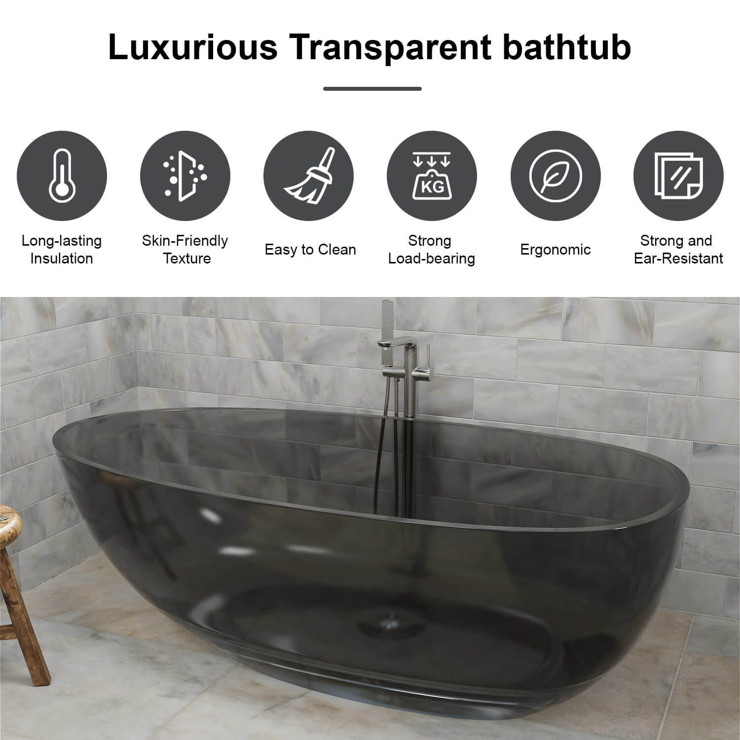 67" Modern Art Resin Tub, Gray Transparent Egg Shape Freestanding Soaking Bathtub for Hotels