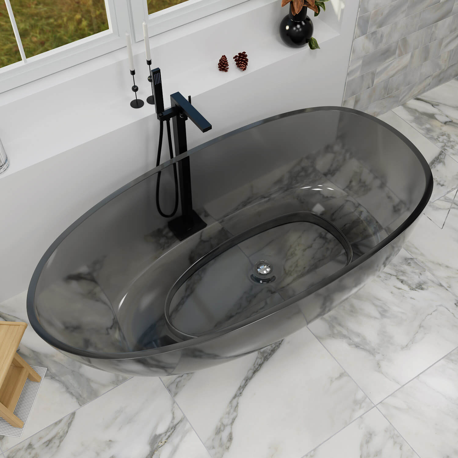 67" Modern Art Resin Tub, Gray Transparent Egg Shape Freestanding Soaking Bathtub for Hotels