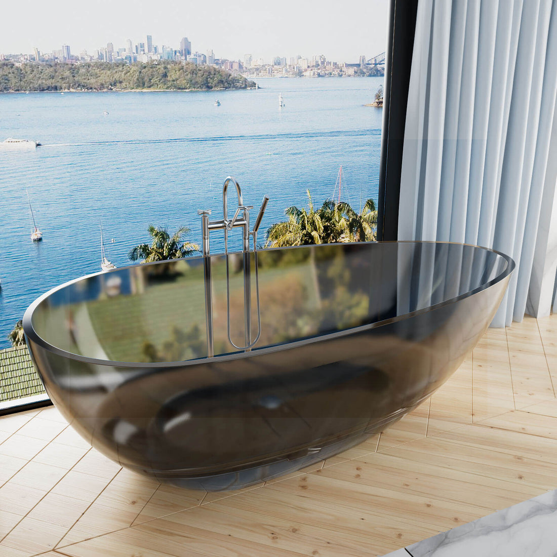 71" Modern Art Resin Tub, Transparent Egg Shape Freestanding Soaking Bathtub for Hotels