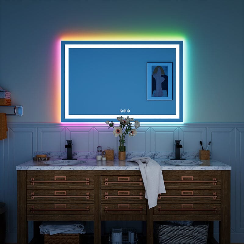 36“/48” RGB LED Light Bathroom Vanity Mirror Rectangular Frameless Anti Fog