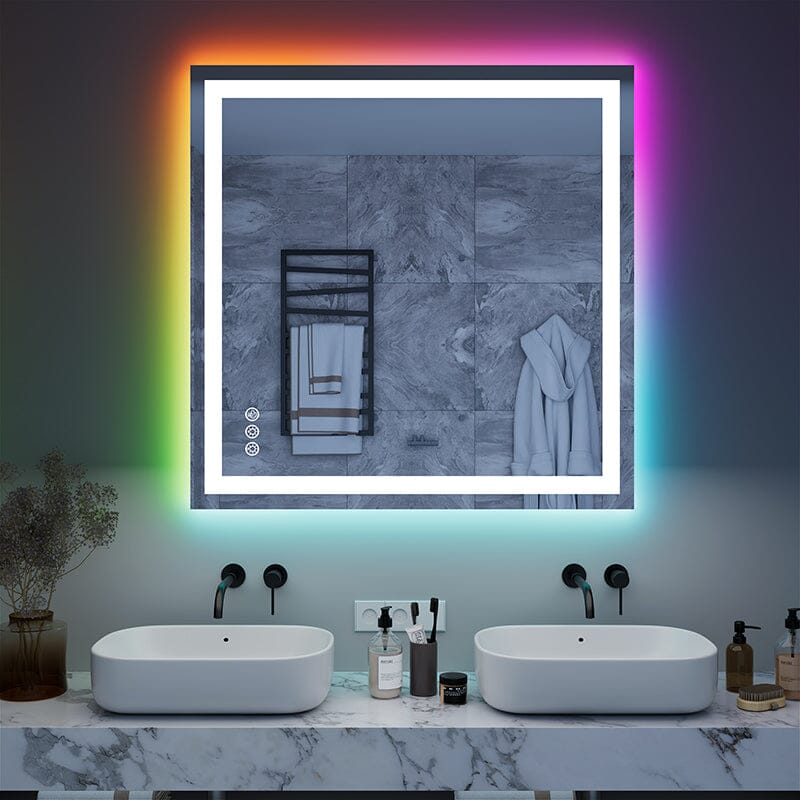 36“/48” RGB LED Light Bathroom Vanity Mirror Rectangular Frameless Anti Fog
