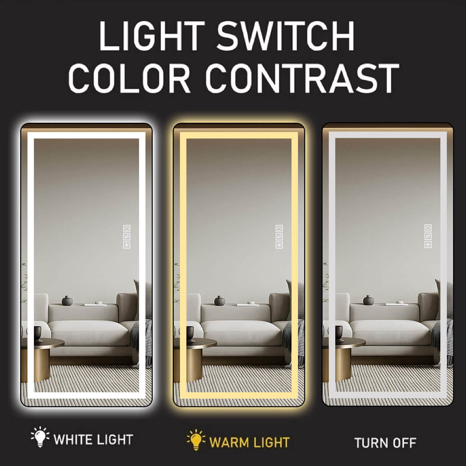 64"x21" Black LED Full Length Mirror with Dimmer, 3 Color Temperatures