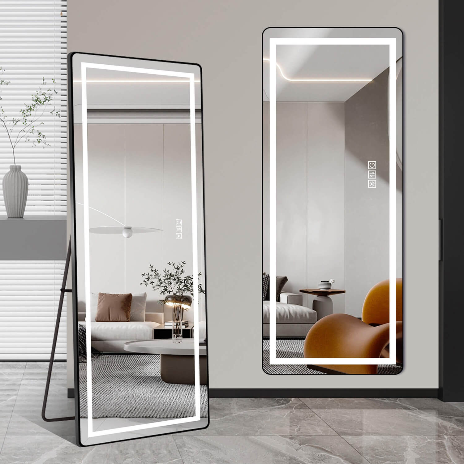 64"x21" Black LED Full Length Mirror with Dimmer, 3 Color Temperatures