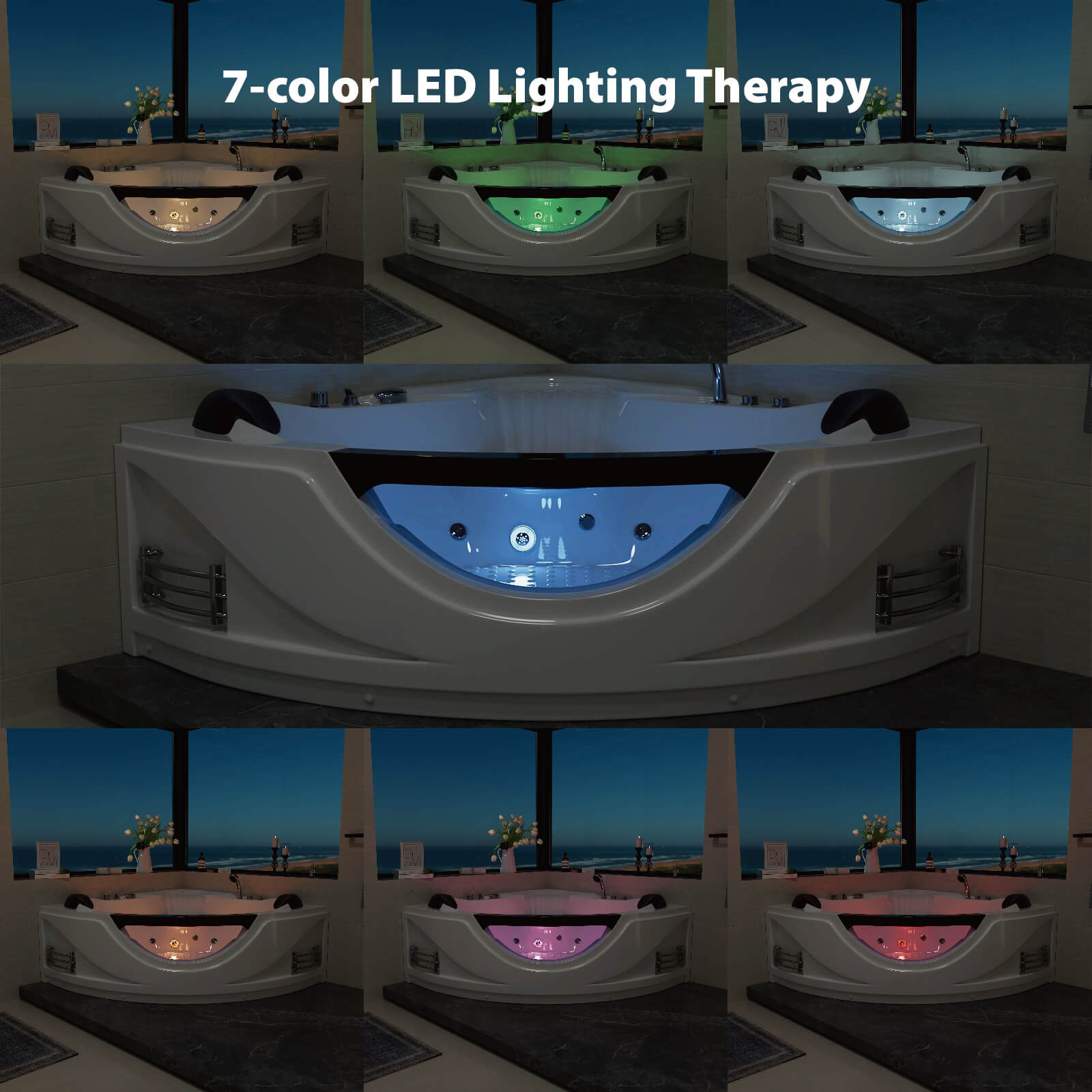 7-color LED light modes for whirlpool bathtub interior illumination
