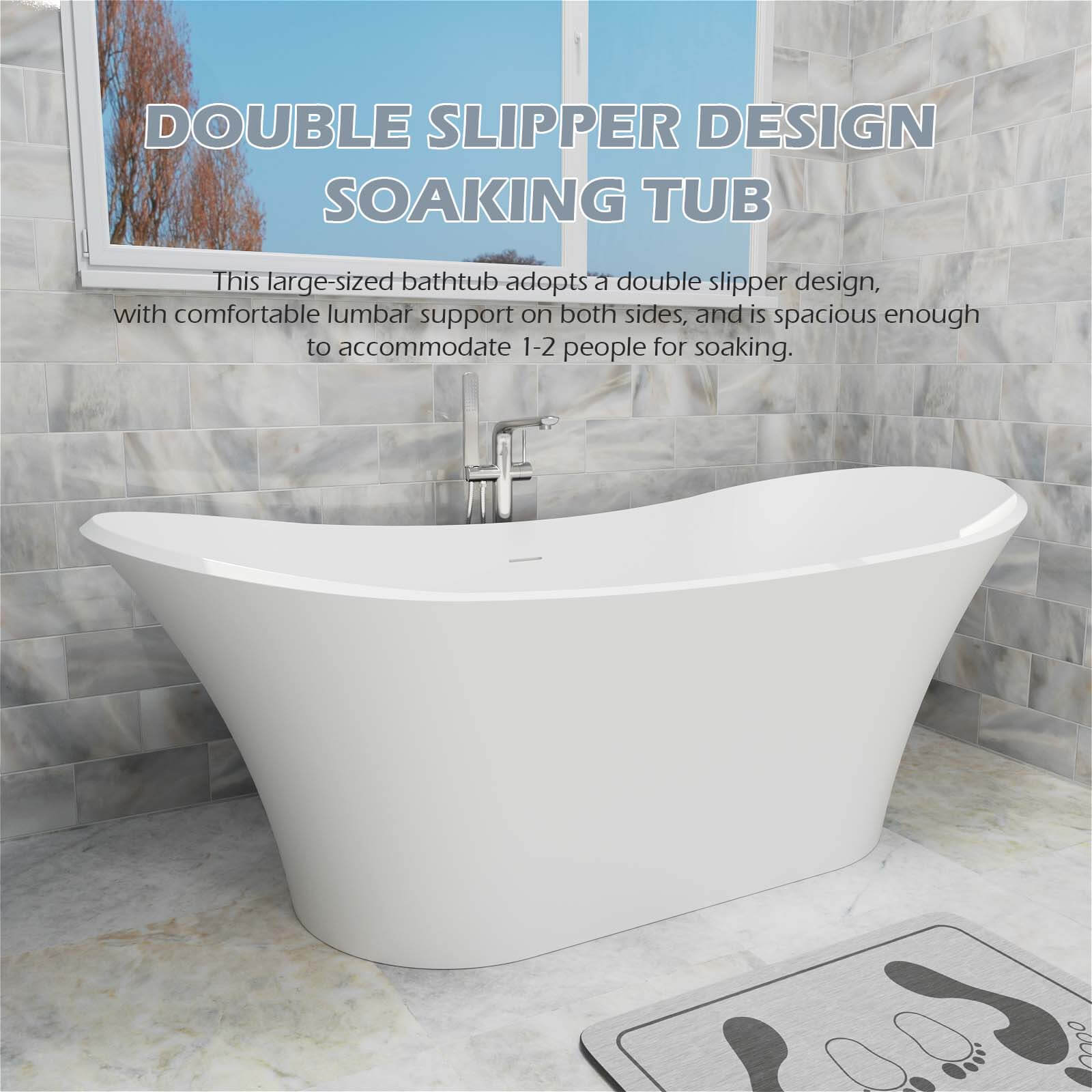 70" Double Slipper Tub Solid Surface Stone Resin Freestanding Soaking Bathtub