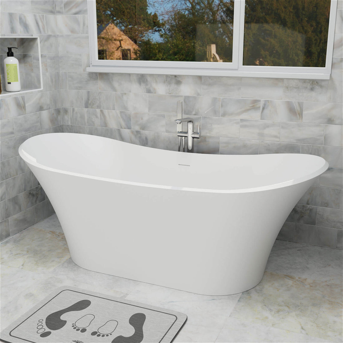 70" Double Slipper Tub Solid Surface Stone Resin Freestanding Soaking Bathtub