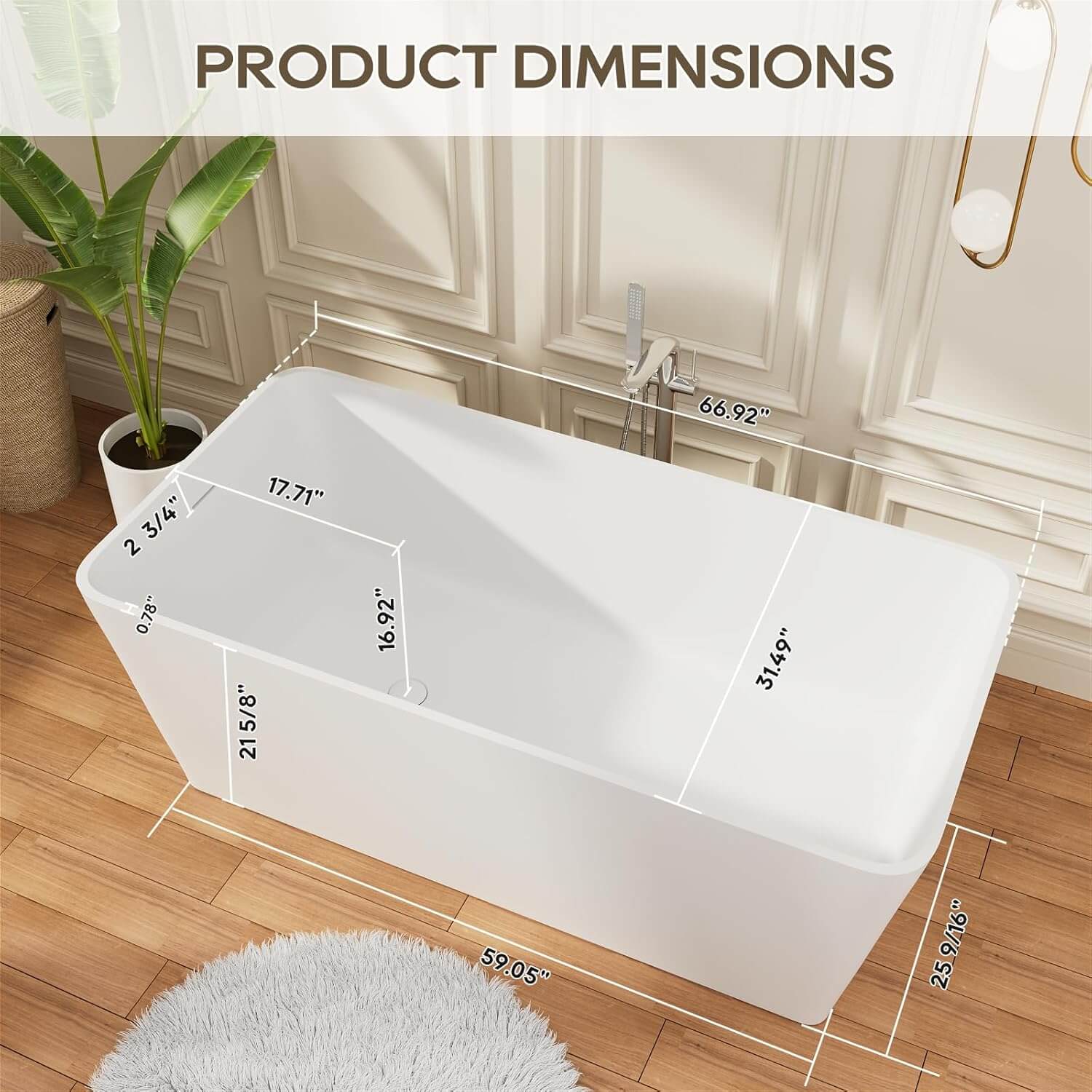 67 inch Heavy Duty Solid Surface Soaking Tub, Insulated Stand Alone Freestanding Stone Resin Bathtub with Integrated Overflow & Drain, cUPC Certified