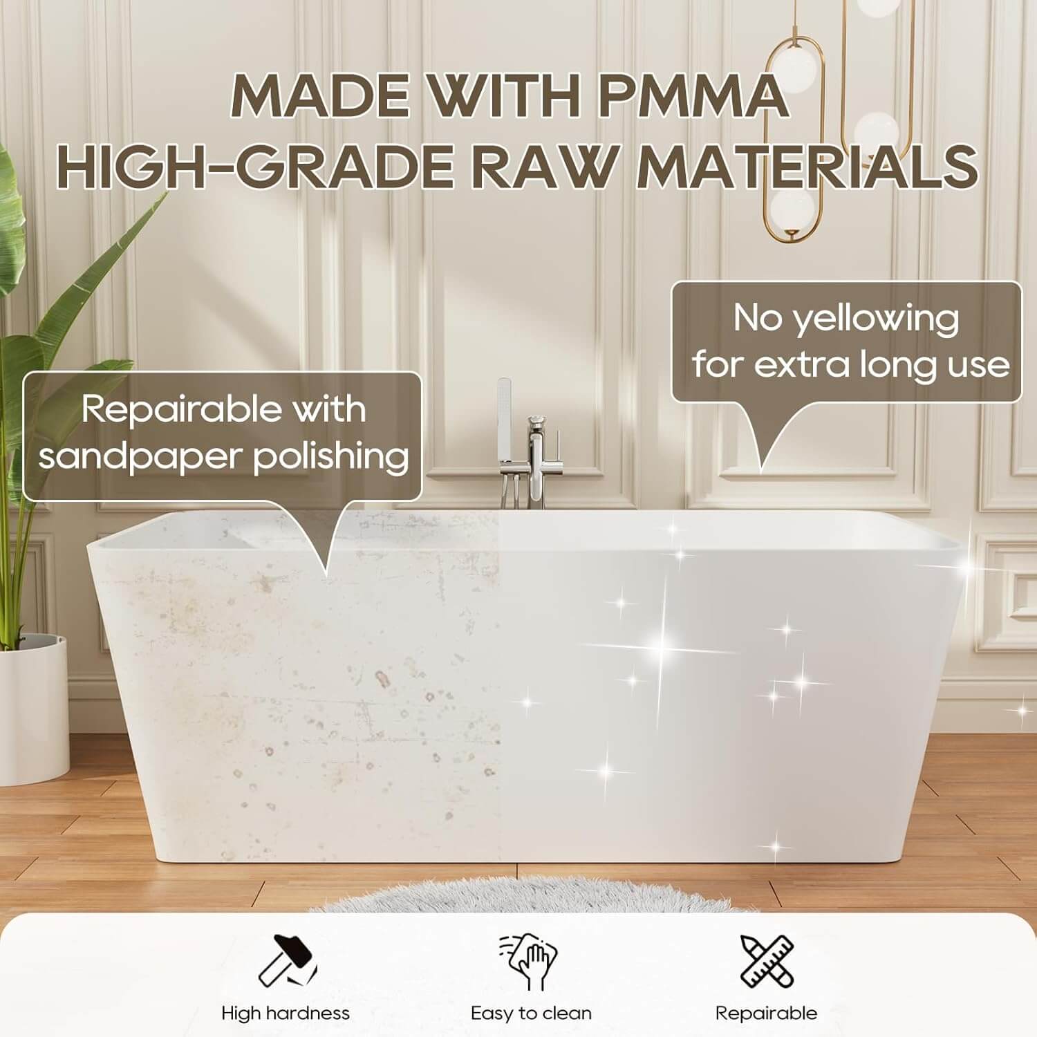 67 inch Heavy Duty Solid Surface Soaking Tub, Insulated Stand Alone Freestanding Stone Resin Bathtub with Integrated Overflow & Drain, cUPC Certified