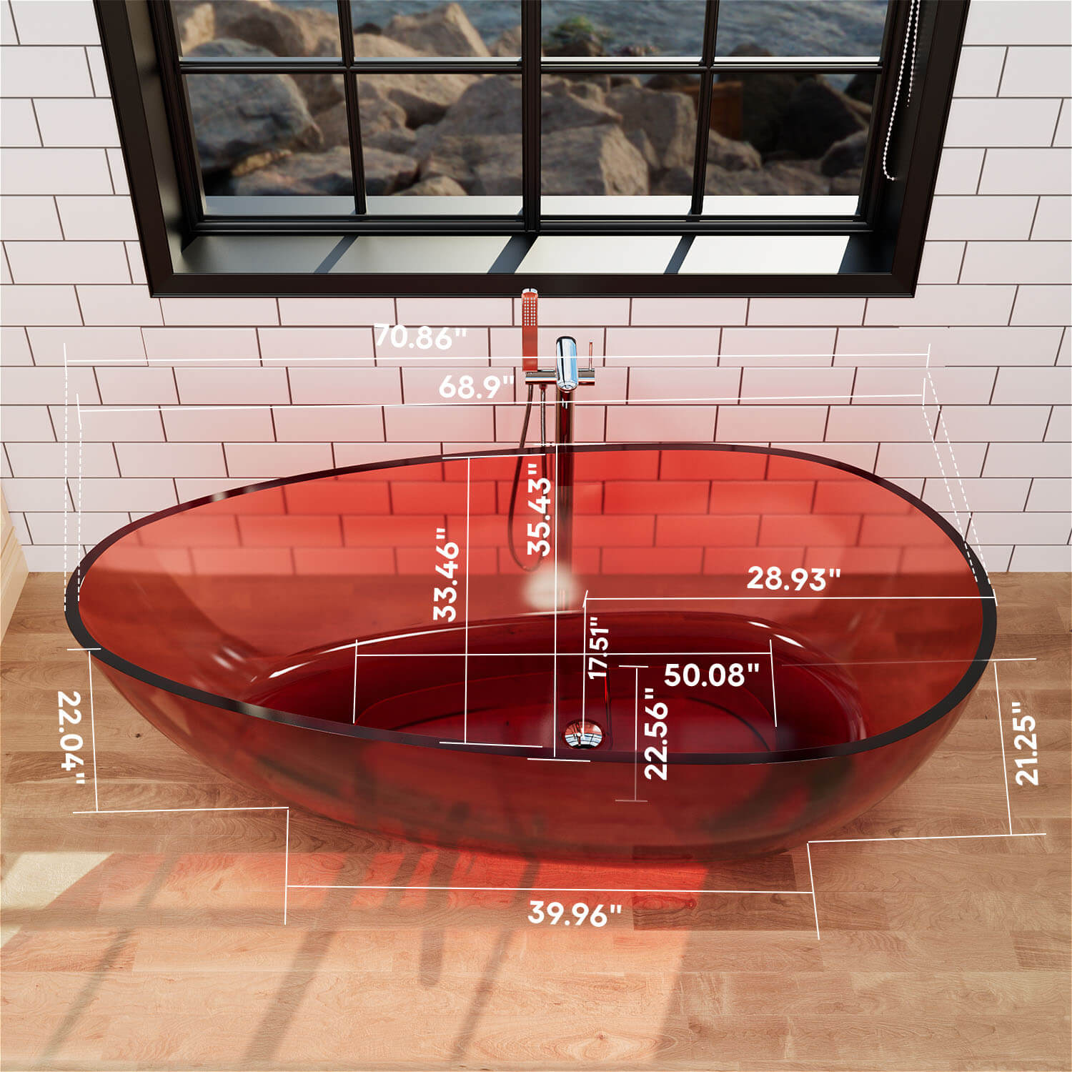 71" Modern Art Resin Tub, Transparent Egg Shape Freestanding Soaking Bathtub for Hotels