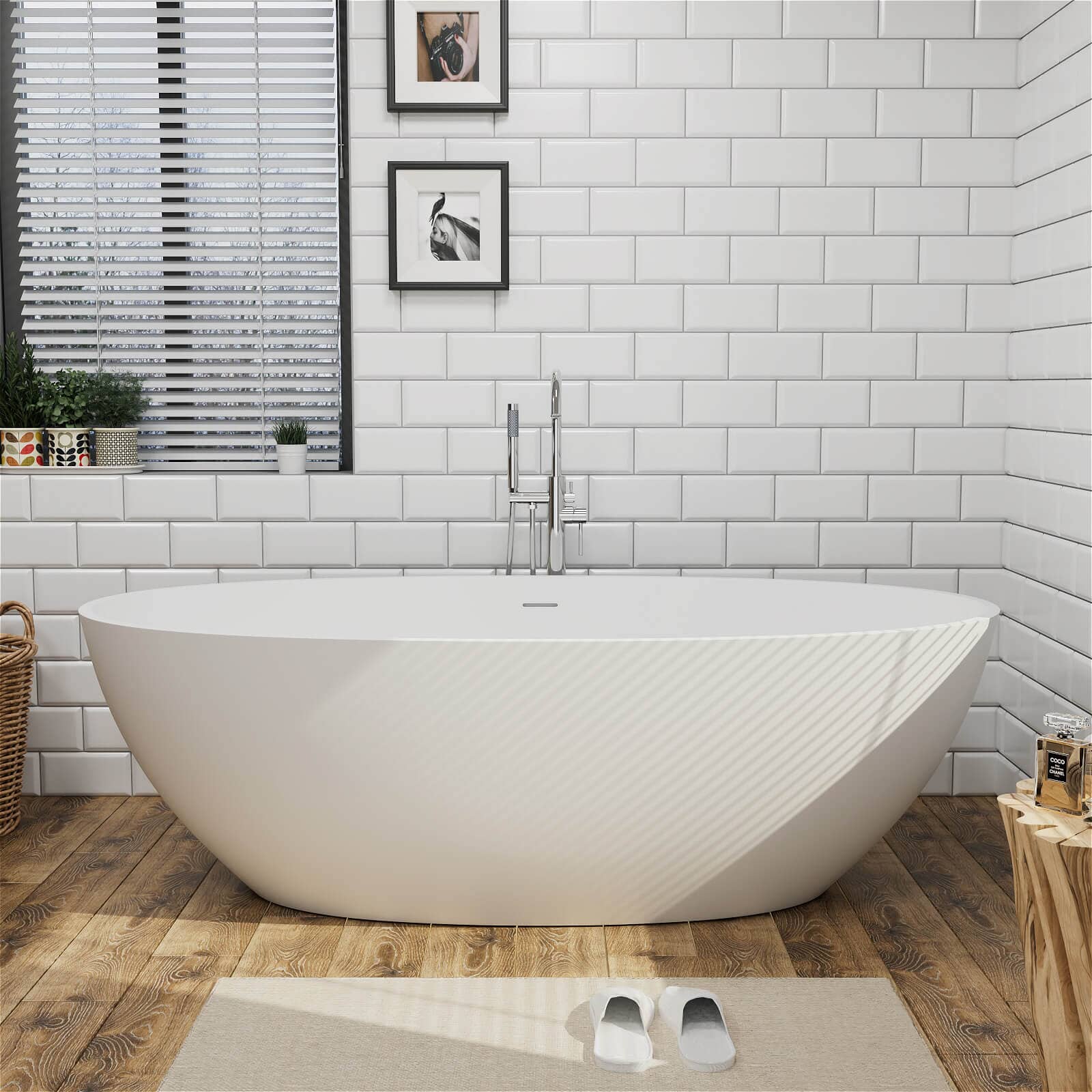 71" Solid Surface Stone Resin Oval-shaped Freestanding Soaking Bathtub with Overflow