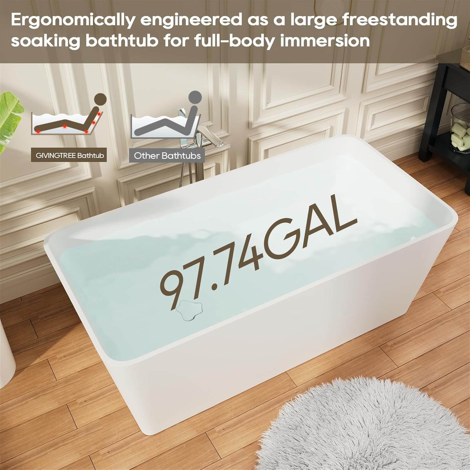 67 inch Heavy Duty Solid Surface Soaking Tub, Insulated Stand Alone Freestanding Stone Resin Bathtub with Integrated Overflow & Drain, cUPC Certified