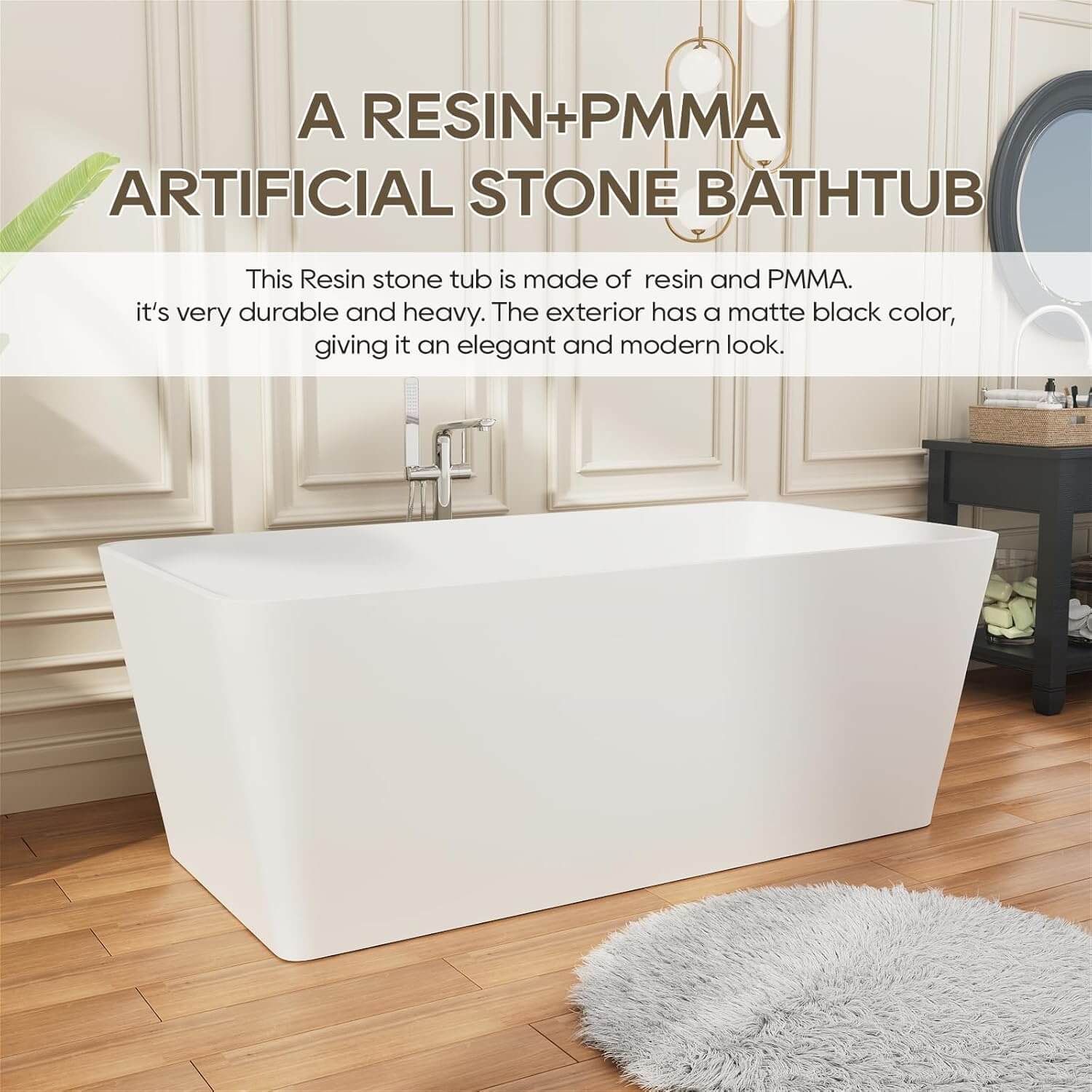 67 inch Heavy Duty Solid Surface Soaking Tub, Insulated Stand Alone Freestanding Stone Resin Bathtub with Integrated Overflow & Drain, cUPC Certified