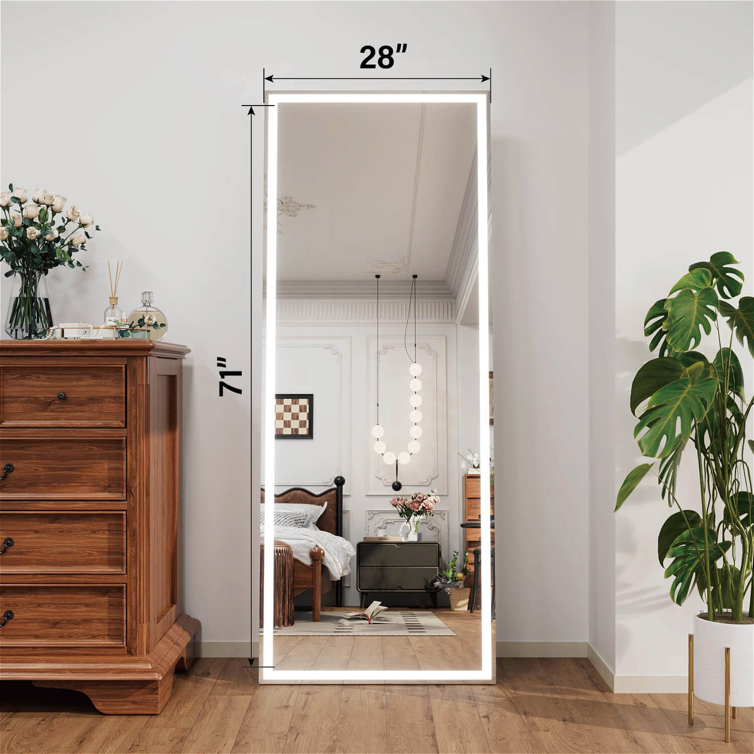 71x28 inch LED full length mirror with edge lighting and dimension markings