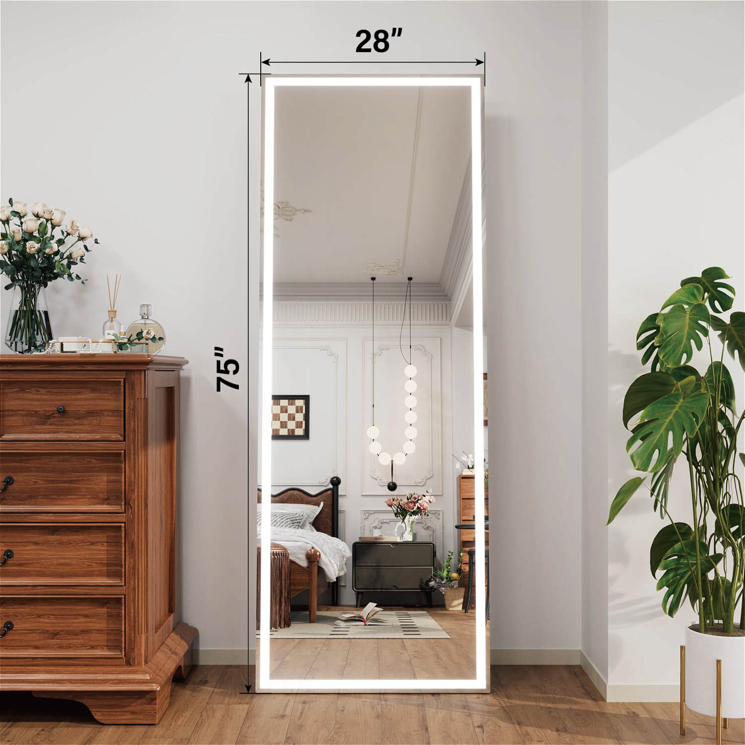 75x28 inch LED full length mirror with edge lighting and dimension markings