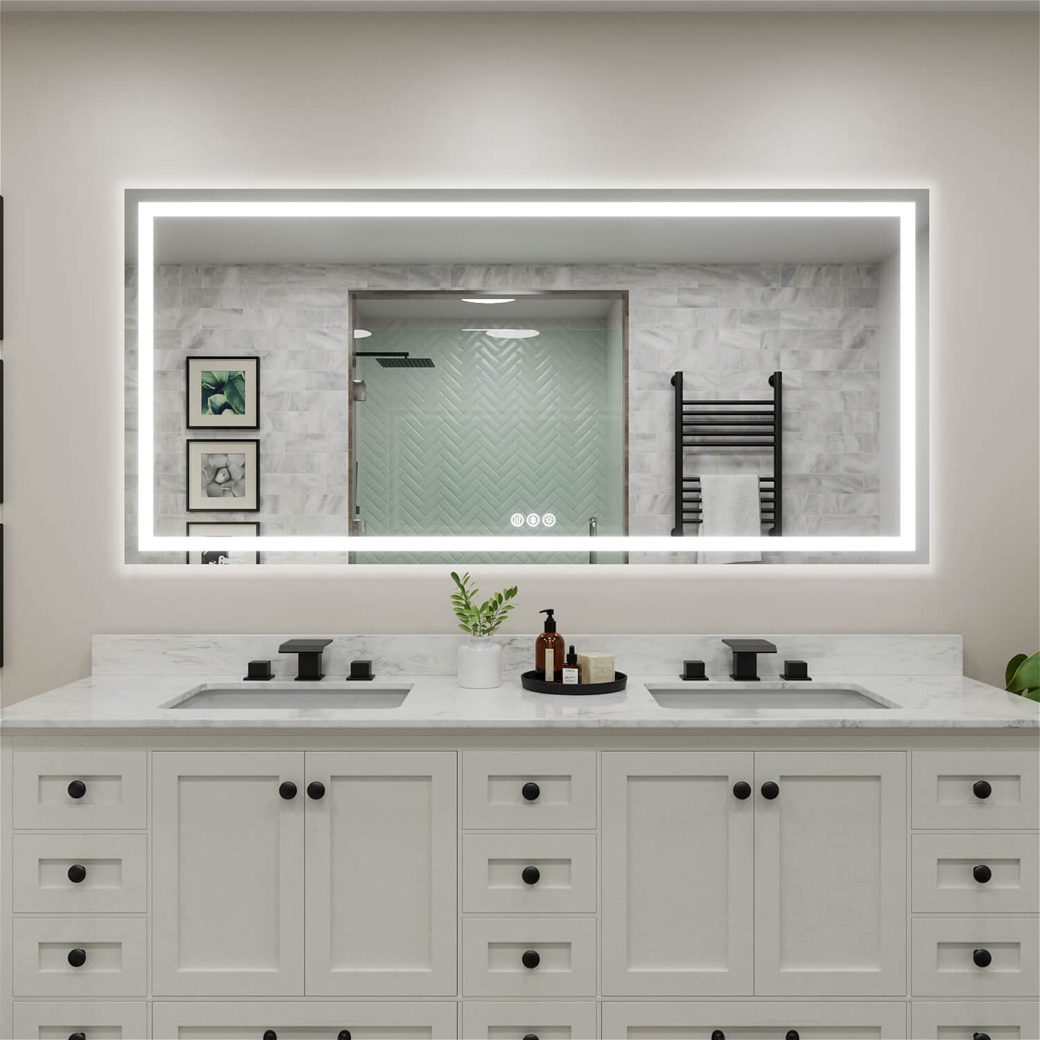 77x36 inch LED bathroom mirror with edge lighting and touch control buttons at the bottom center