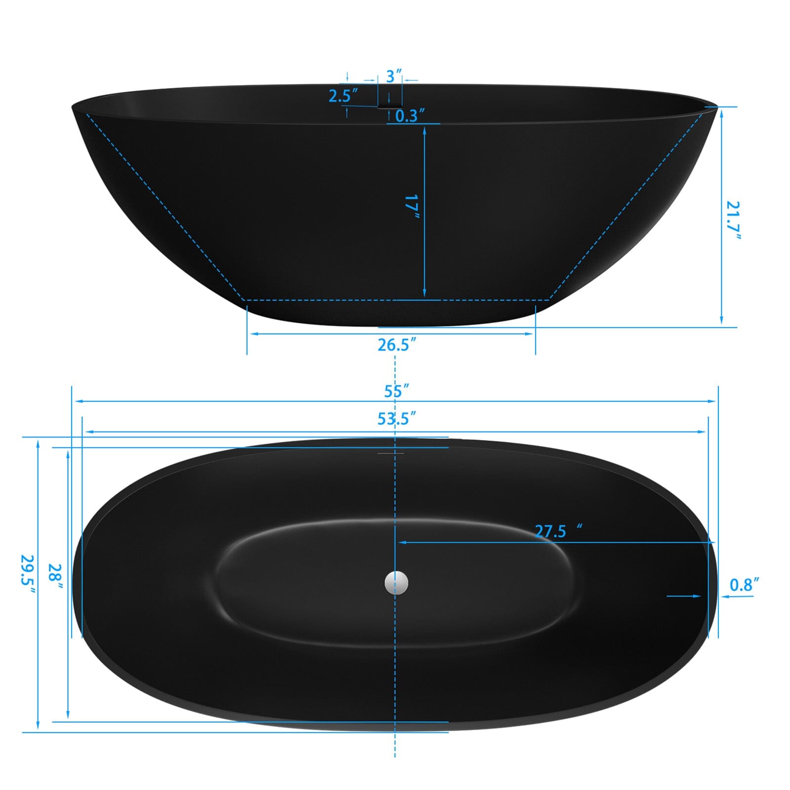 55" Solid Surface Stone Resin Oval-shaped Freestanding Soaking Bathtub with Overflow