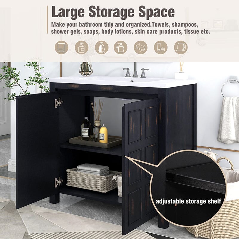 Solid wood 36" bathroom cabinet with concealed handles and spacious storage