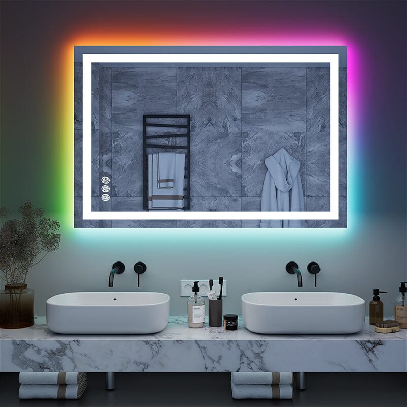 36“/48” RGB LED Light Bathroom Vanity Mirror Rectangular Frameless Anti Fog