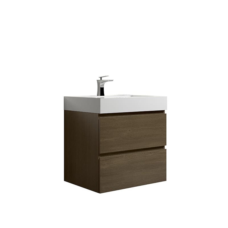 Mueble de baño de roble oscuro de 24 pulgadas con lavabo, de una sola pieza, para montaje en pared.