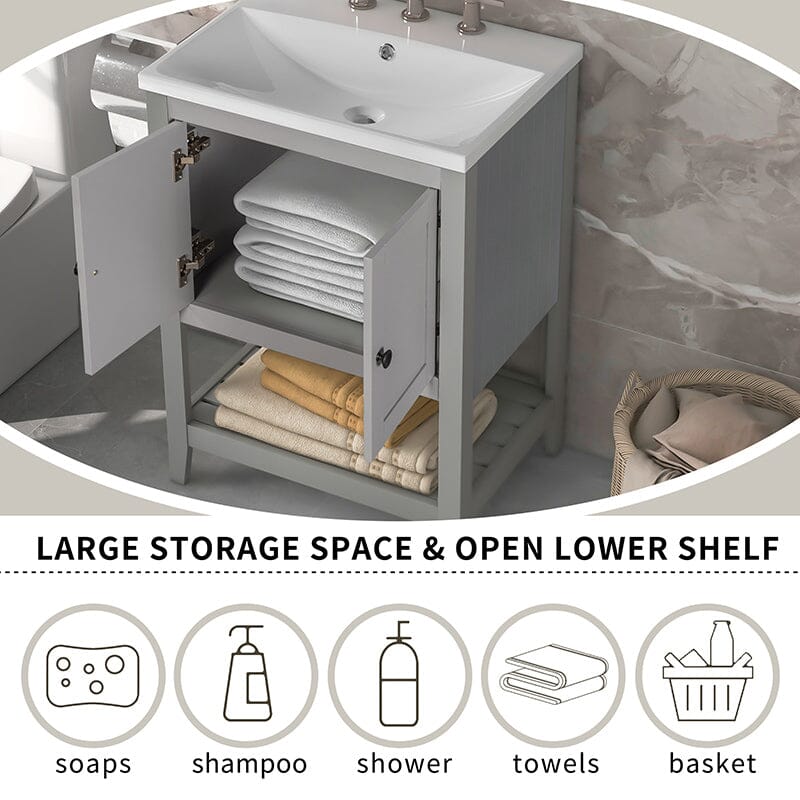 24" Modern Freestanding Bathroom Vanity with Open Style Shelf, Including Ceramic Sink