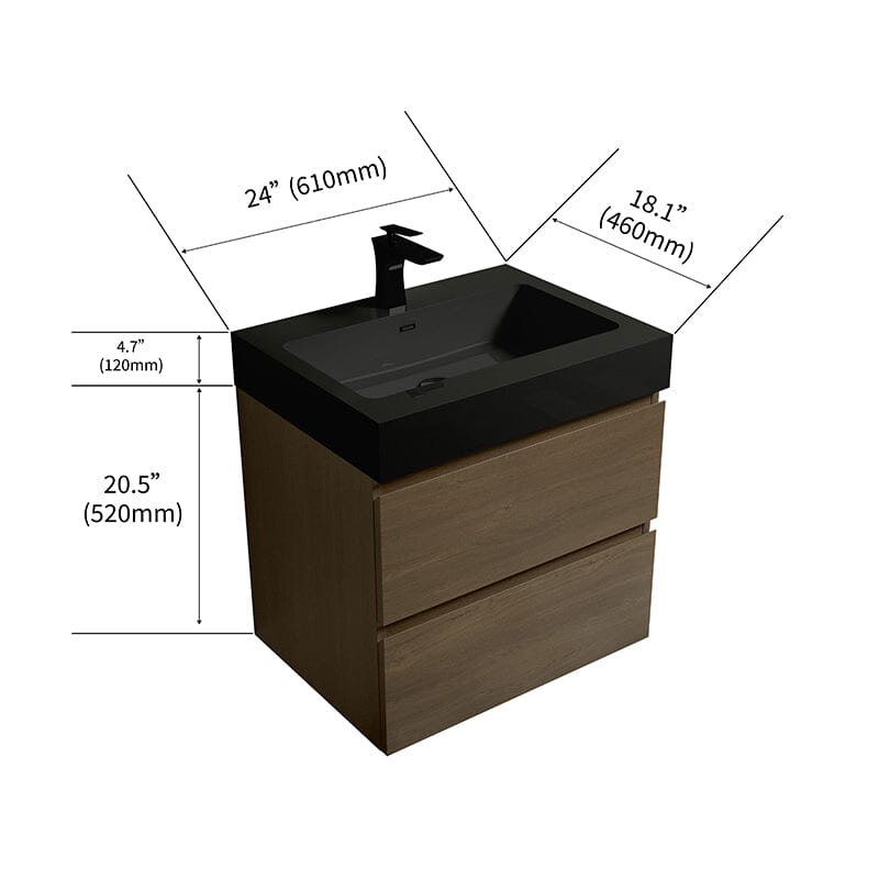 Mueble de baño de roble oscuro de 24 pulgadas con lavabo, de una sola pieza, para montaje en pared.
