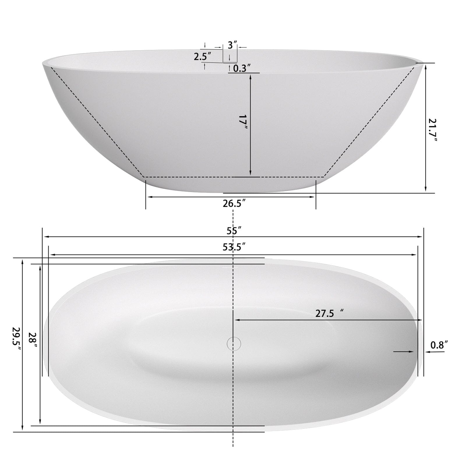 55" Solid Surface Stone Resin Oval-shaped Freestanding Soaking Bathtub with Overflow