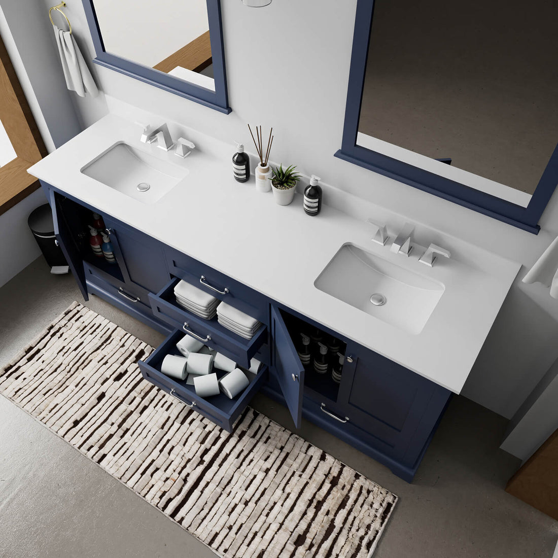 80 inch blue vanity with cultured marble countertop and backsplash for modern bathrooms
