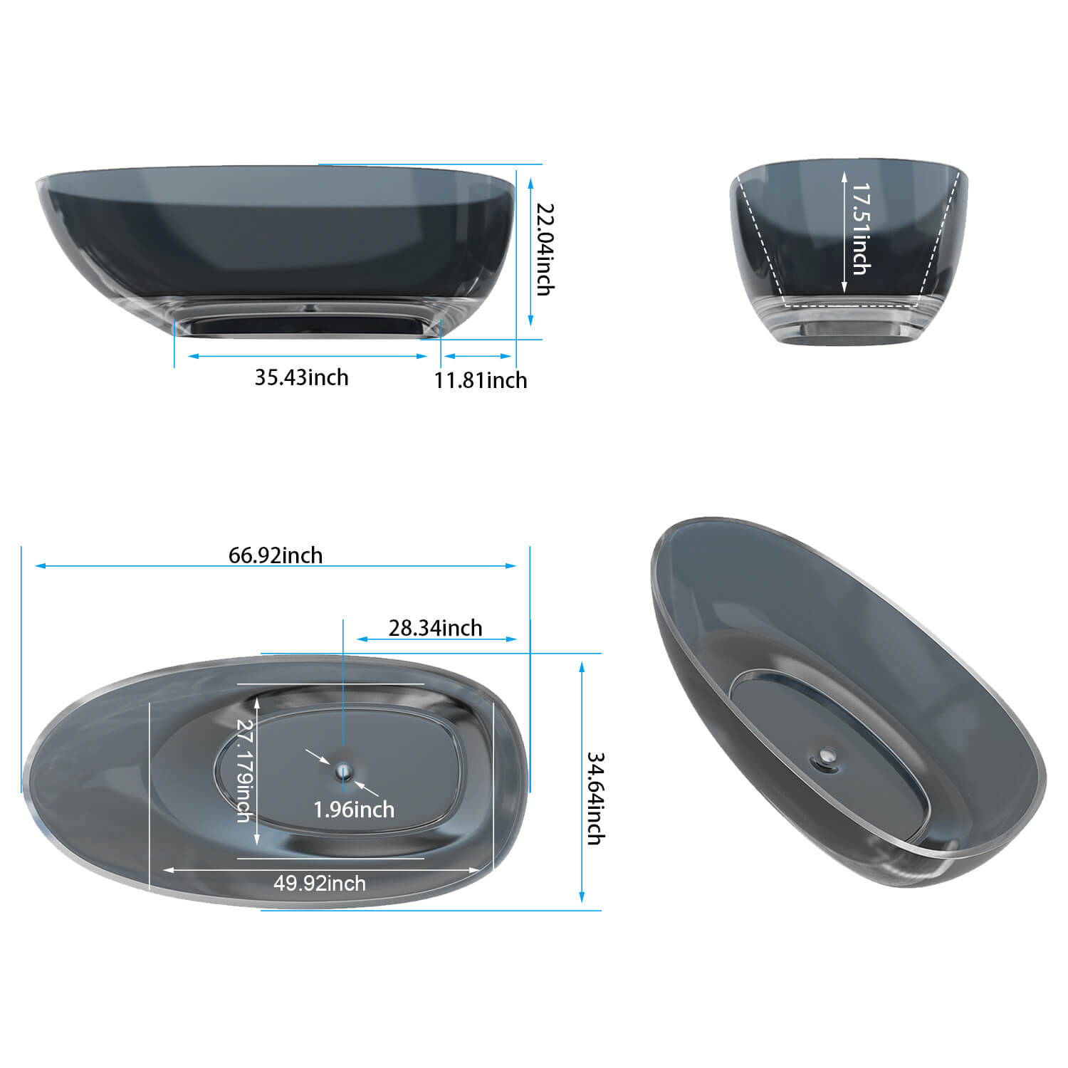 67" Modern Art Resin Tub, Gray Transparent Egg Shape Freestanding Soaking Bathtub for Hotels