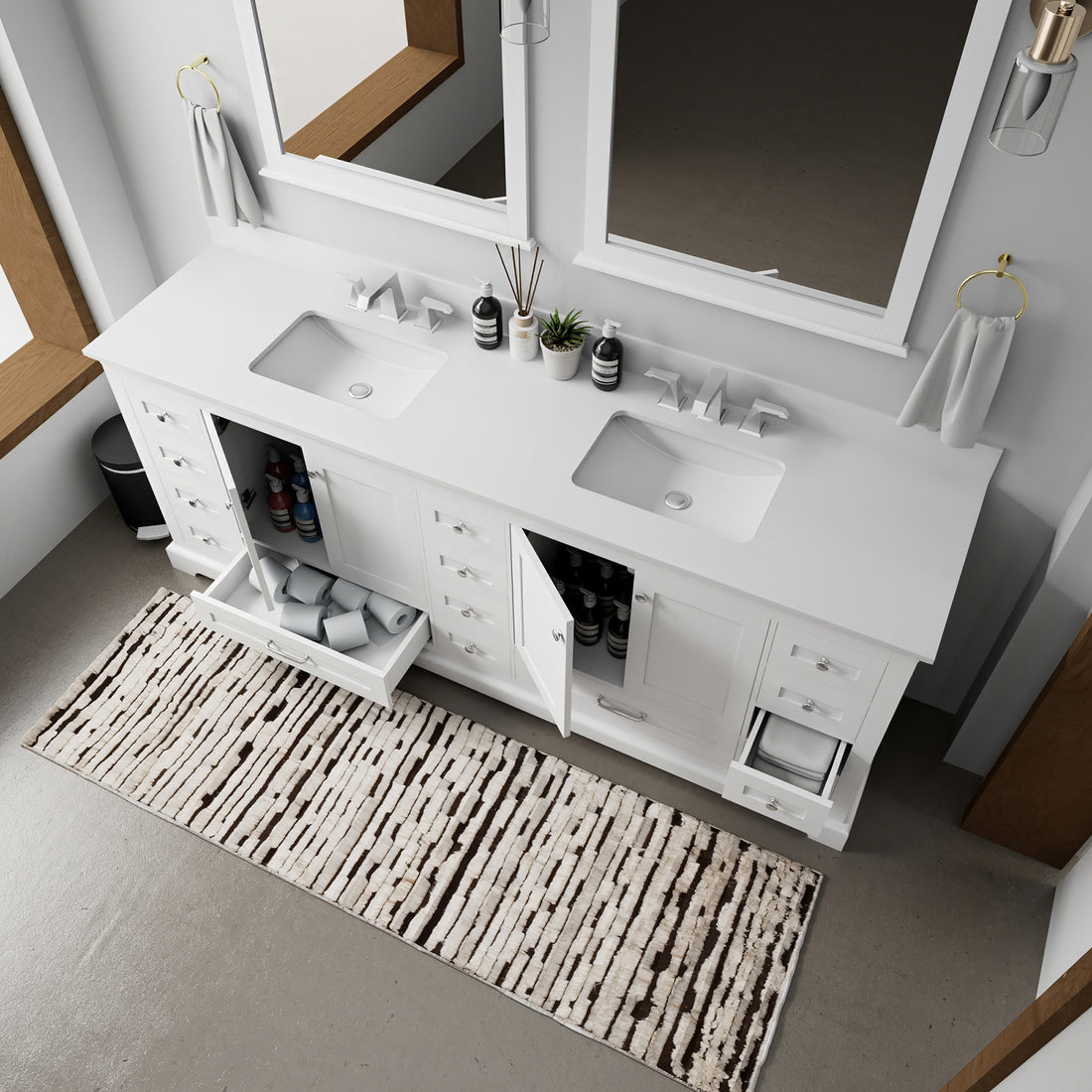 84 inch white double bathroom vanity with engineered marble countertop