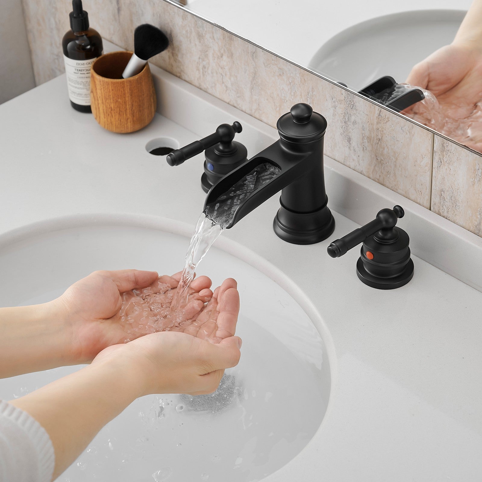 8" Retro Half Hollow-out Waterfall Bathroom Faucet with Pop-Up Drain Double Handles Black