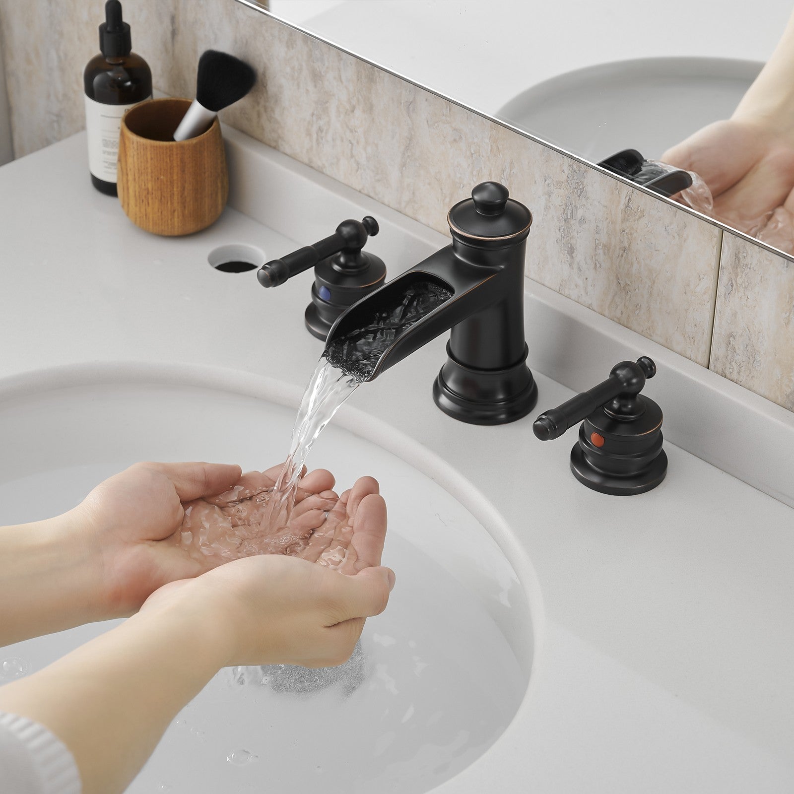 8" Retro Half Hollow-out Waterfall Bathroom Faucet with Pop-Up Drain Double Handles Oil
