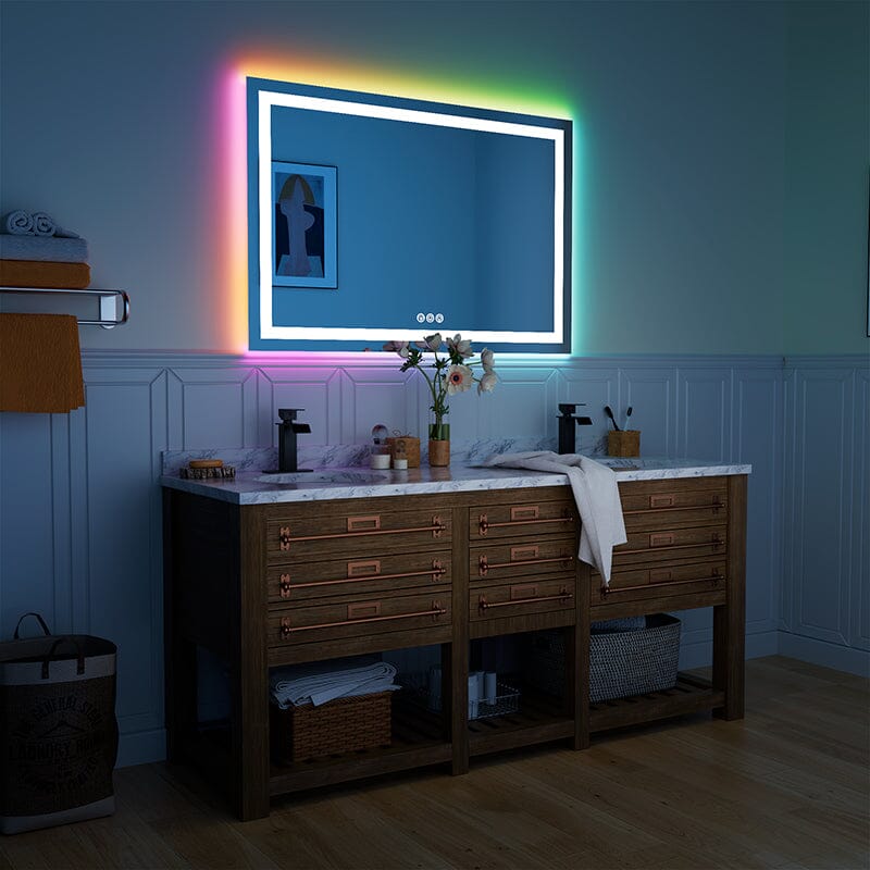 36“/48” RGB LED Light Bathroom Vanity Mirror Rectangular Frameless Anti Fog