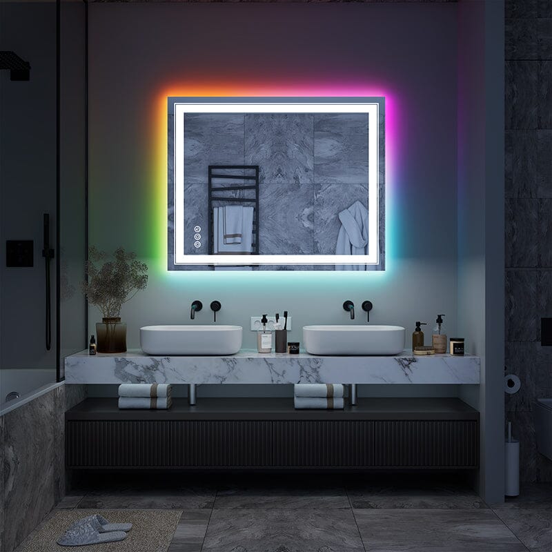 36“/48” RGB LED Light Bathroom Vanity Mirror Rectangular Frameless Anti Fog
