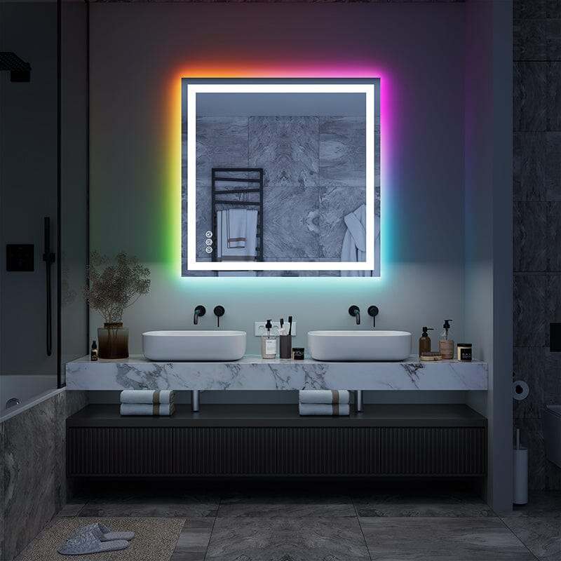 36“/48” RGB LED Light Bathroom Vanity Mirror Rectangular Frameless Anti Fog