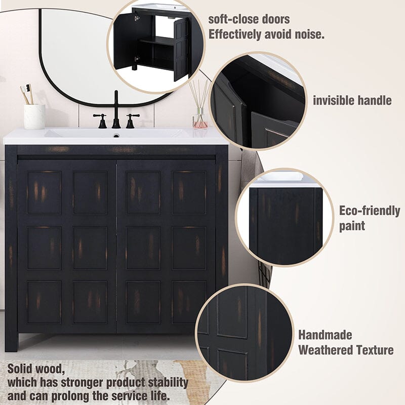 36" espresso vanity with sleek, hidden handles and a weathered, distressed finish for a charming bathroom upgrade