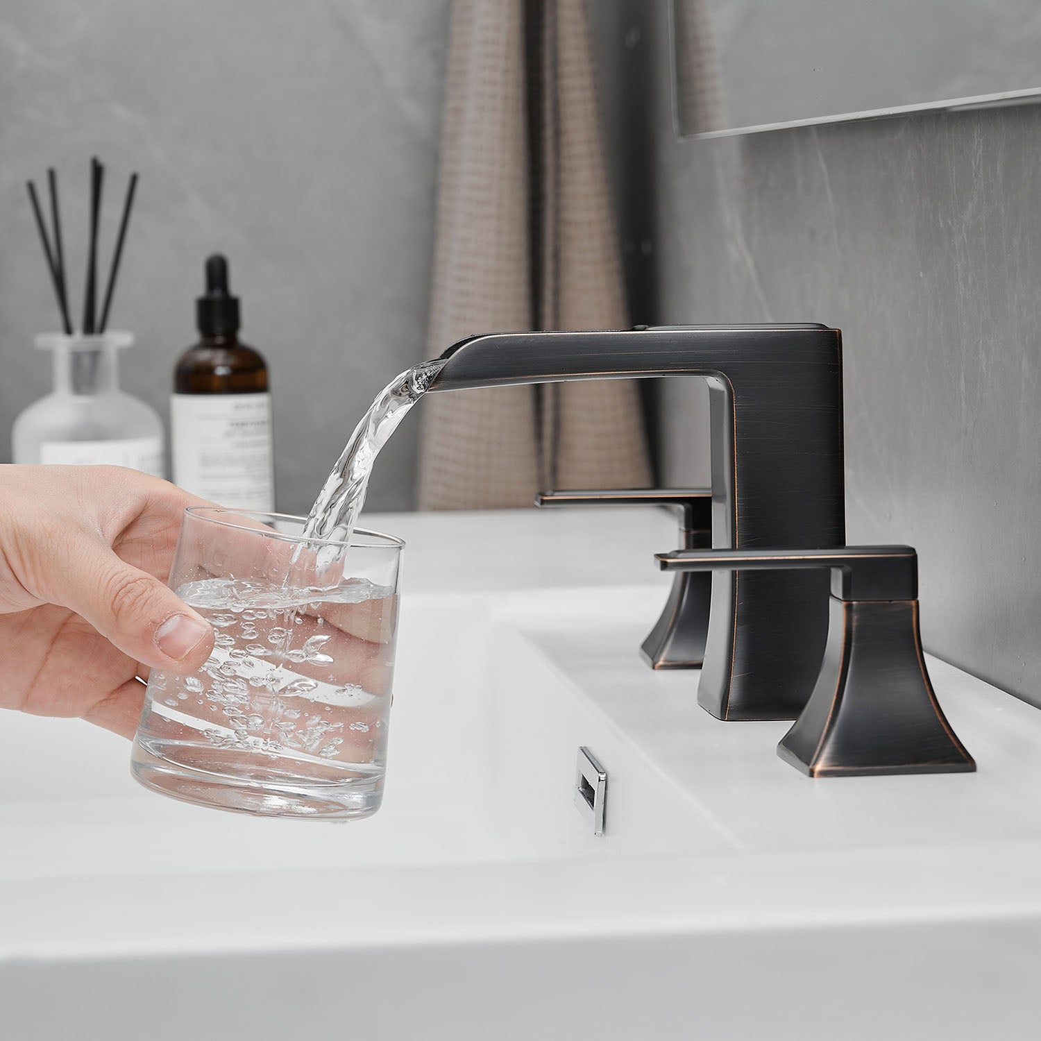 8 Inch 3 Hole Oil Rubbed Bronze Waterfall Bathroom Faucet with 2 Handle and Pop Up Drain