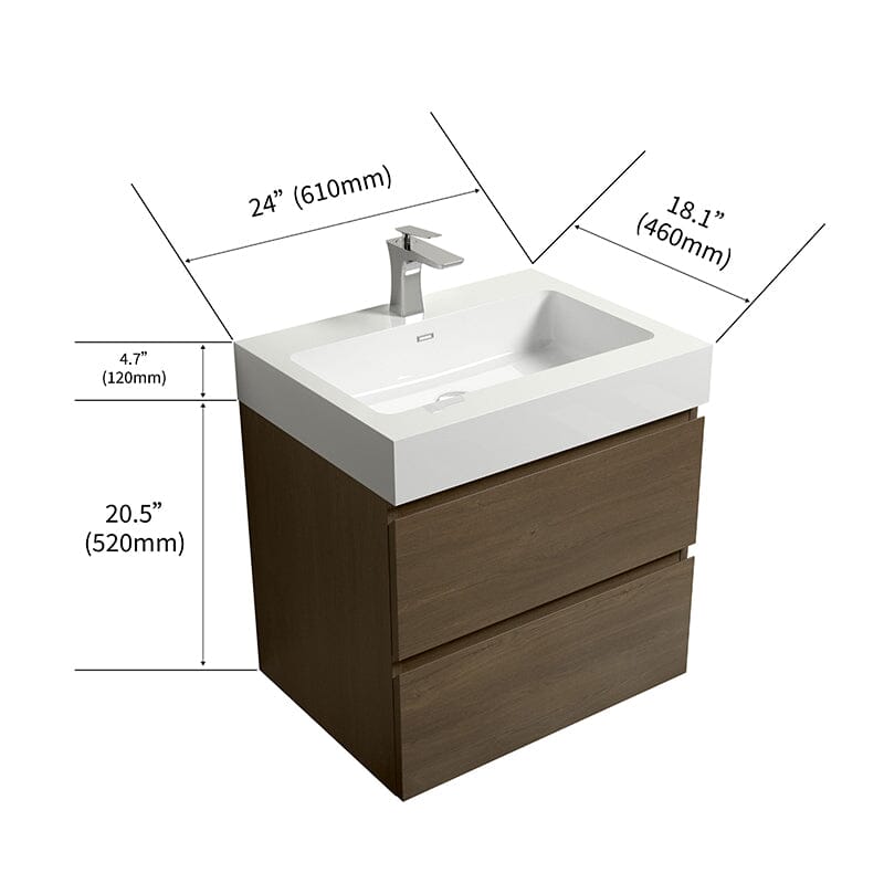Mueble de baño de roble oscuro de 24 pulgadas con lavabo, de una sola pieza, para montaje en pared.