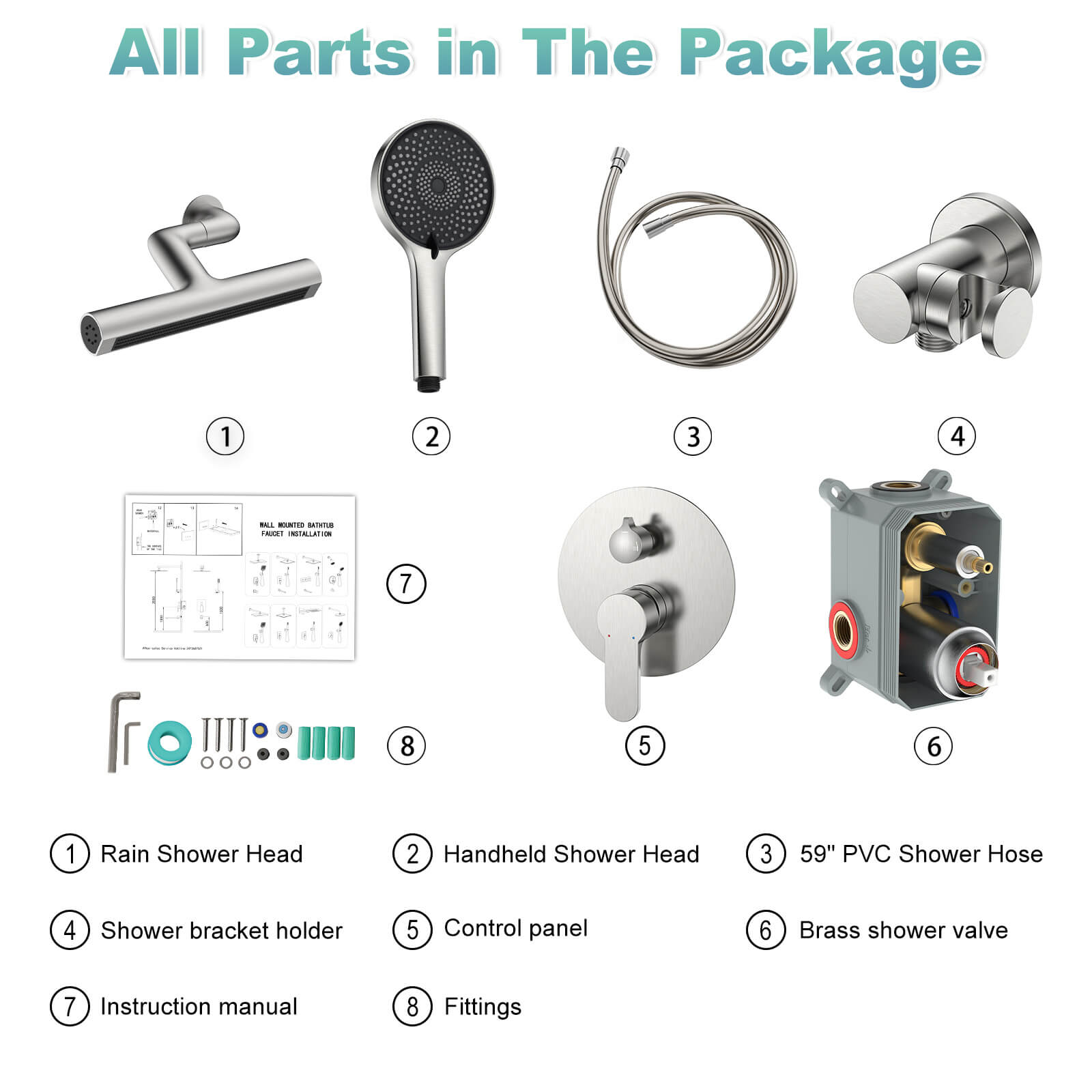8" Shower Systems with Adjustable 3-Spray Cylindrical Shower Head And 6-Spray Handheld, Wall Mount