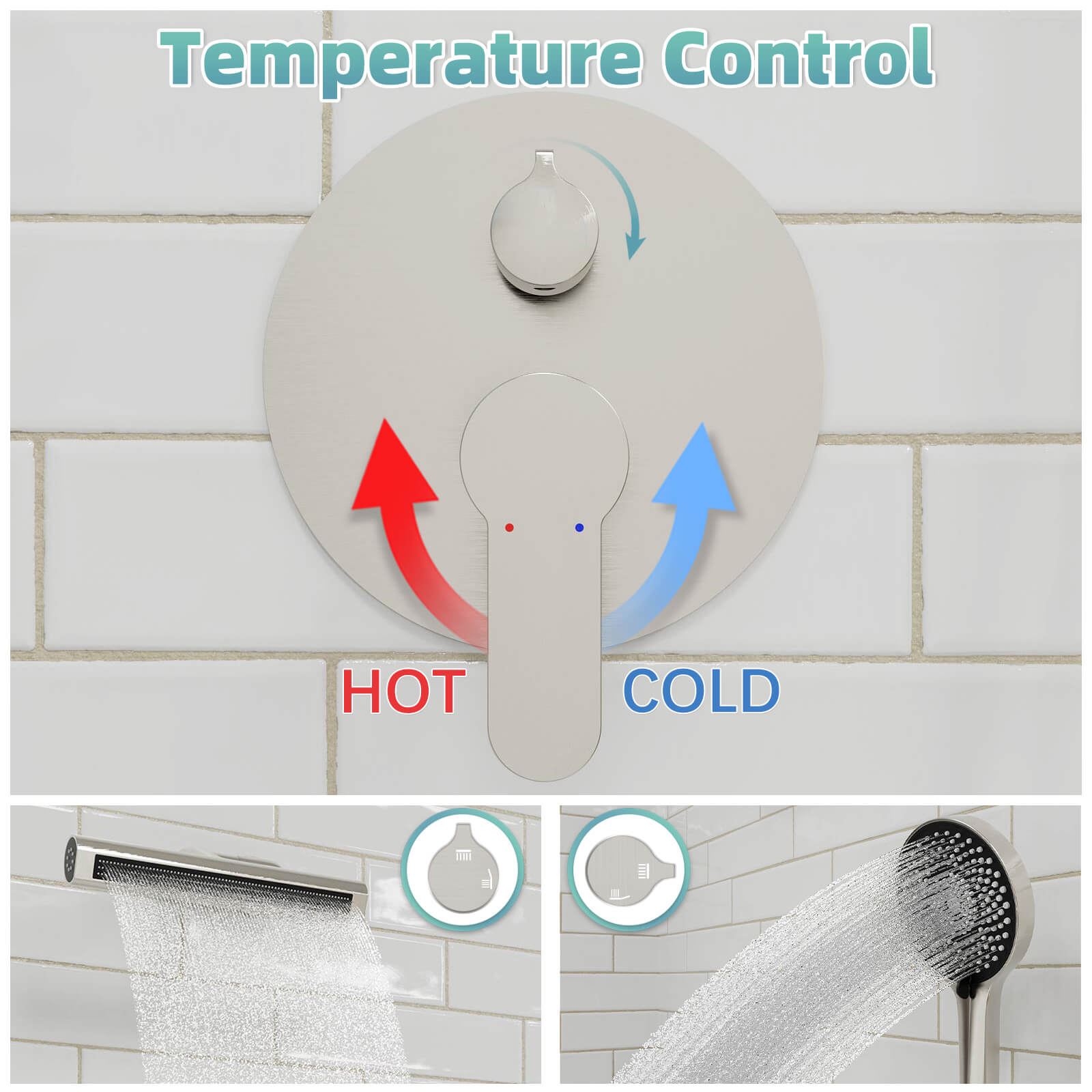 8" Shower Systems with Adjustable 3-Spray Cylindrical Shower Head And 6-Spray Handheld, Wall Mount