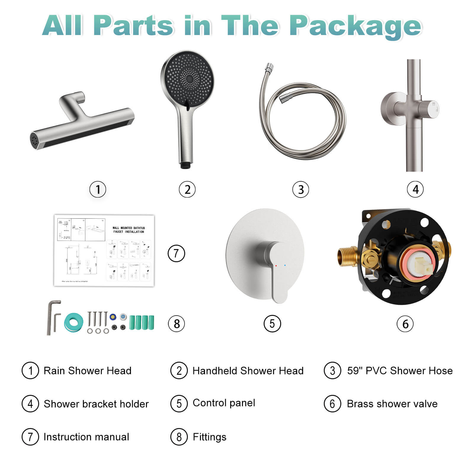 8" Wall Bar Shower Kit with 360° Rotate 3-Spray Cylindrical Shower Head And 6-Spray Handheld