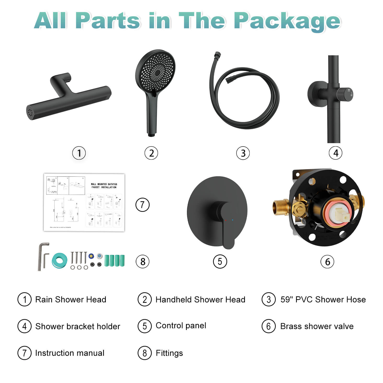 8" Wall Bar Shower Kit with 360° Rotate 3-Spray Cylindrical Shower Head And 6-Spray Handheld