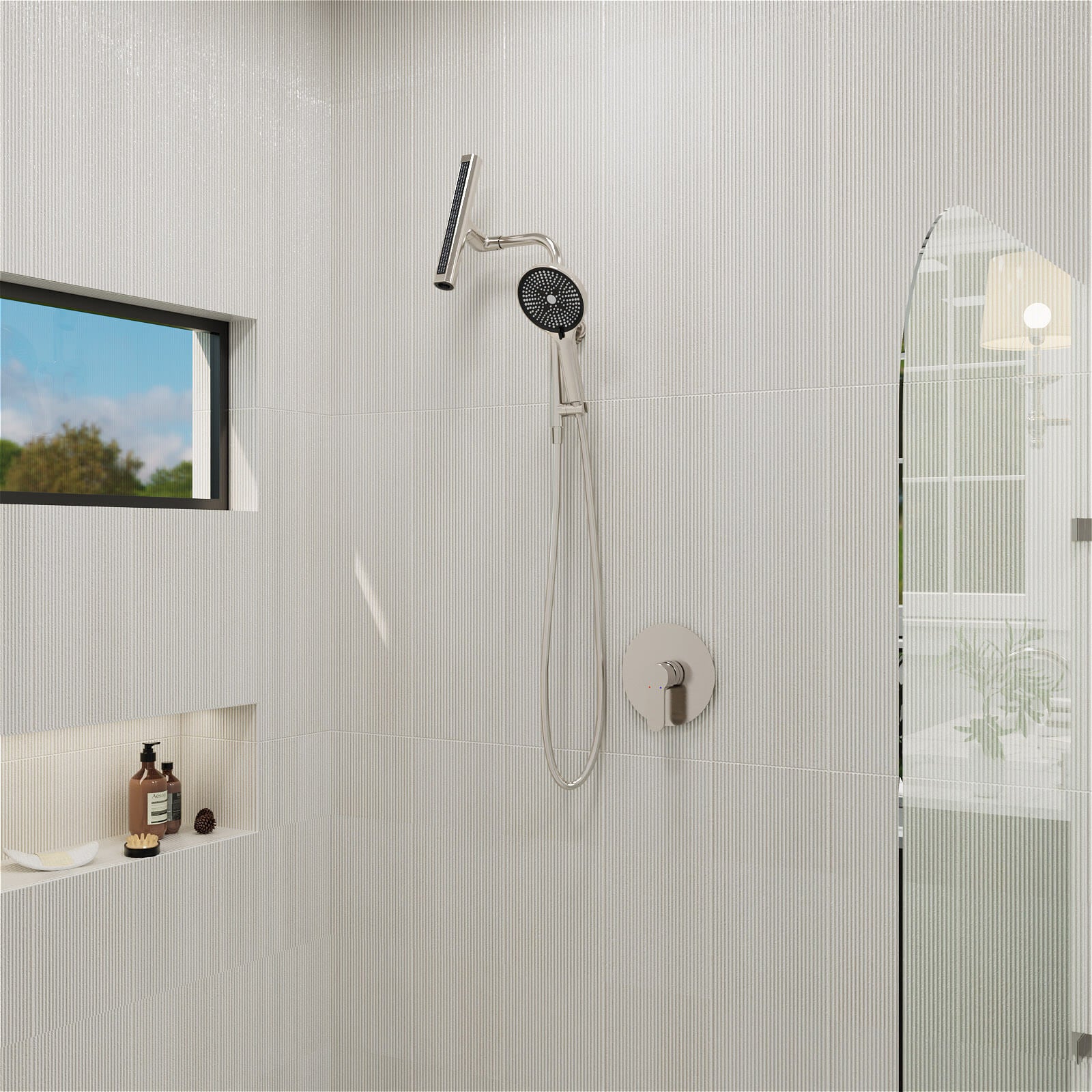 8" Wall Bar Shower Kit with 360° Rotate 3-Spray Cylindrical Shower Head And 6-Spray Handheld