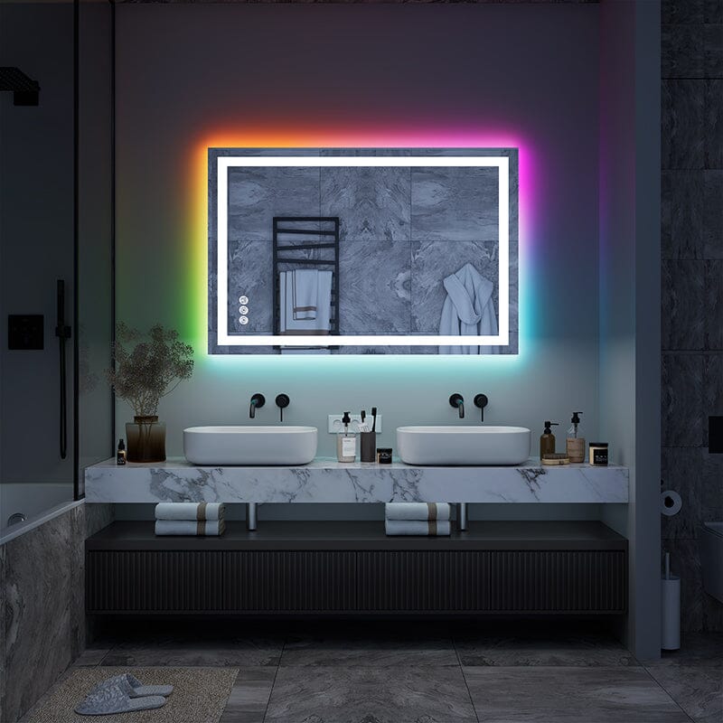 36“/48” RGB LED Light Bathroom Vanity Mirror Rectangular Frameless Anti Fog