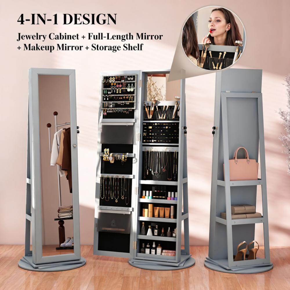 Lockable 360° Gray Swivel Full-Length Jewelry Cabinet Mirror with Storage Shelves