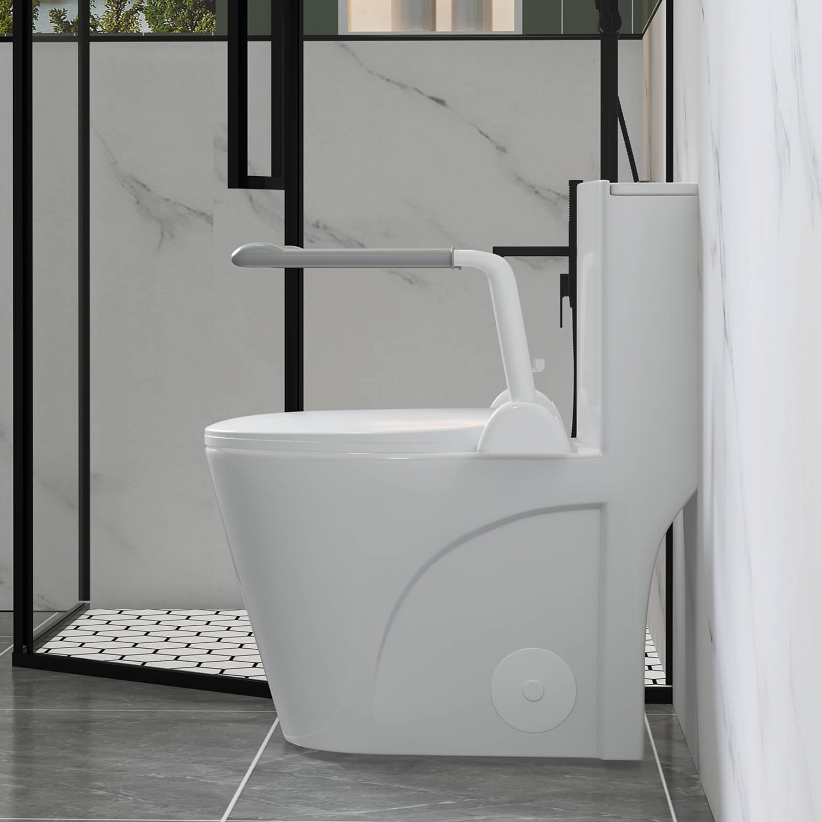 ADA height toilet with anti slip grab bars for seniors and accessible bathrooms
