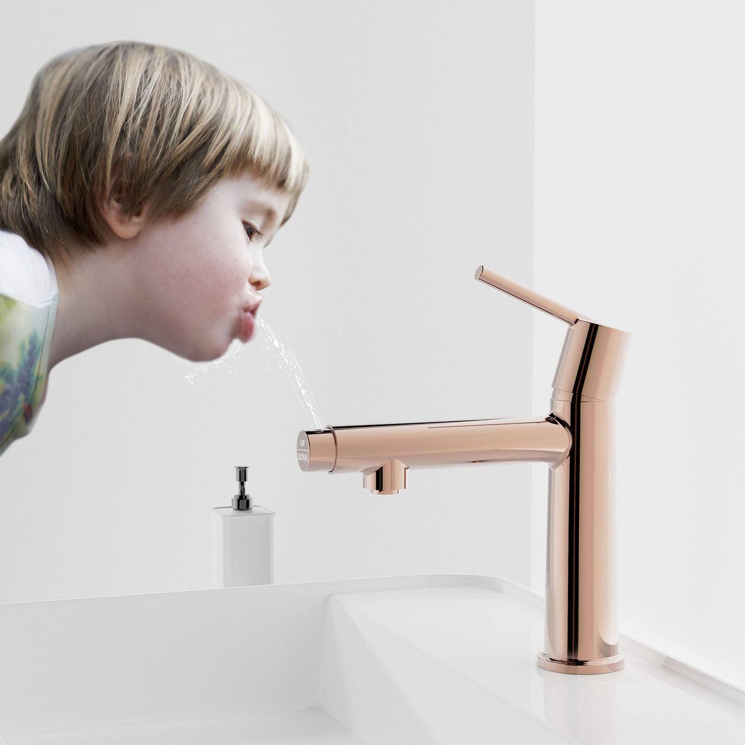 A child is drinking water from the Rose Gold Single Handle Single Hole Bathroom Faucet
