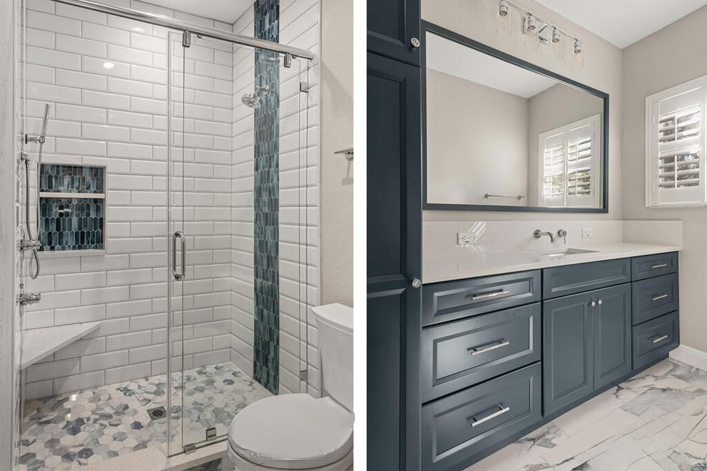 A deep gray-blue vanity paired with crisp white countertops and brushed nickel hardware