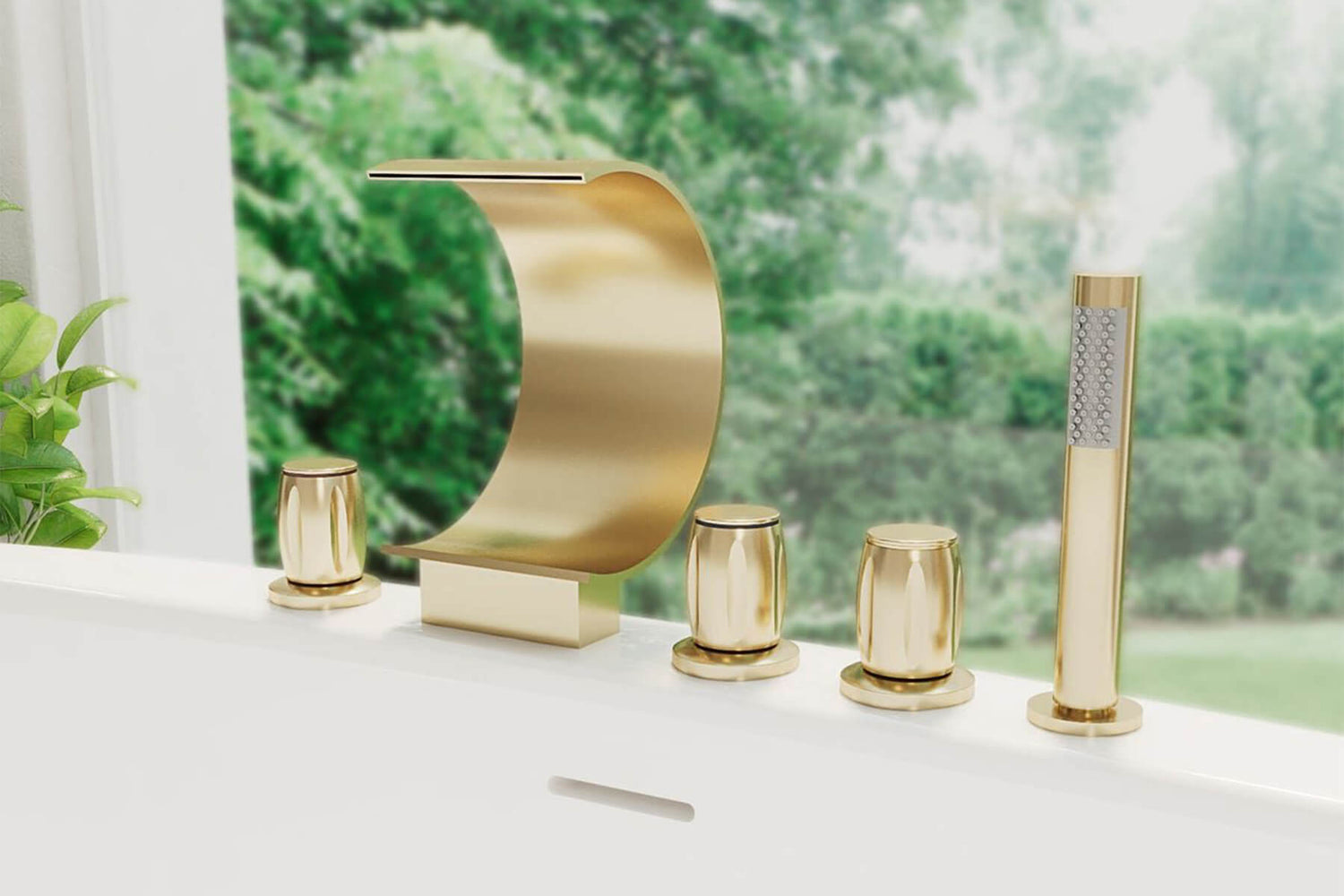A gold countertop mounted faucet is installed on the rim of the bathtub