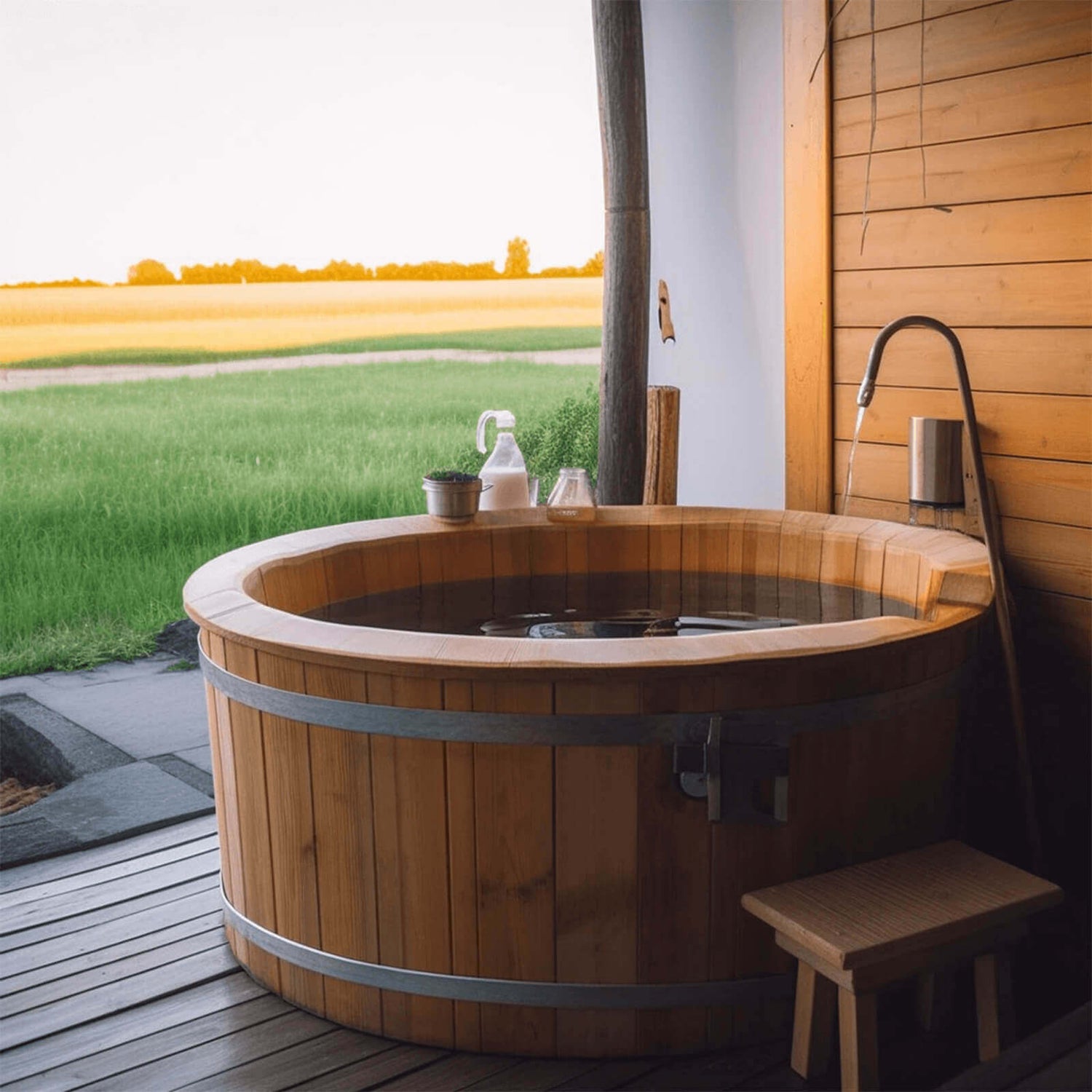 A wooden Japanese soaking tub placed in an open space
